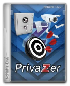 An image for PrivaZer Pro software. The design shows a vault, security camera, and bullseye target with red darts, symbolizing security and precision. The background includes blue arrows indicating movement or data transfer. The text "PrivaZer Pro" is displayed prominently.