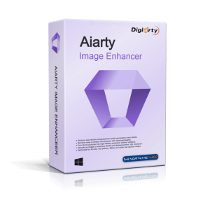 A product box for "Aiarty Image Enhancer" by Digiarty. The box is white with purple accents and features a geometric shape. It includes text highlighting its ability to enhance and restore images. The Software Shop logo, a Windows compatibility icon, and the AppDoze endorsement are also shown.