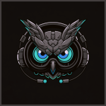 Illustration of a futuristic robotic owl face with glowing blue eyes and detailed metallic features. The design includes mechanical elements, giving the owl a high-tech appearance reminiscent of APU Loudness Compressor technology. The background is solid black, emphasizing the intricate artwork.