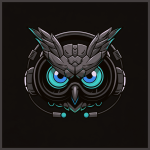 Illustration of a futuristic robotic owl face with glowing blue eyes and detailed metallic features. The design includes mechanical elements, giving the owl a high-tech appearance reminiscent of APU Loudness Compressor technology. The background is solid black, emphasizing the intricate artwork.
