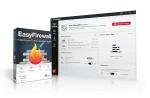 The image showcases the Abelssoft EasyFirewall software packaging and interface. The box on the left features a fiery shield icon with text stating "EasyFirewall 2024: Protects your PC from attacks or spying." The software interface on the right displays firewall status and connection details.
