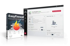 The image showcases the Abelssoft EasyFirewall software packaging and interface. The box on the left features a fiery shield icon with text stating "EasyFirewall 2024: Protects your PC from attacks or spying." The software interface on the right displays firewall status and connection details.