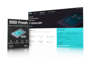 The image shows a software interface for Abelssoft SSD Fresh, a tool designed for SSD optimization to enhance power and lifetime. The screen displays details about the SSD, such as health status, temperature, and free space, along with a product box image labeled "SSD Fresh.