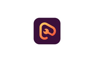 A dark purple square app icon features an abstract, gradient orange and yellow design of a stylized wrench forming the shape of a lowercase letter "p" inside the square.
