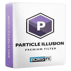 The image displays the packaging for Boris FX Particle Illusion Pro. The package is primarily white with a hexagonal logo containing a "P" in the center and features a purple color scheme. The brand name "Boris FX" is prominently displayed at the bottom.