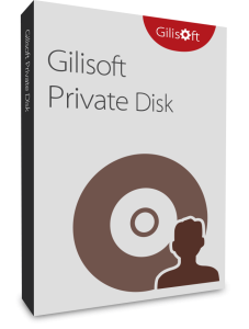 The image shows the software box for "Gilisoft Private Disk." The box is gray with the Gilisoft logo in red at the top right corner. In the center, there's an icon of a CD/DVD with a silhouette of a person next to it.