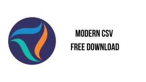 The image features a circular logo with blue, cyan, and orange curved shapes on a dark blue background. Next to it is bold black text that reads "KhanPC Modern CSV Free Download" on a plain white background.