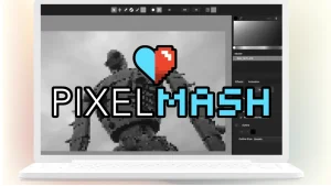 A laptop screen displays the Pixelmash software window. The application's interface shows a grayscale image of a large robot with various editing tools and options on the right side. Overlaid on the robot image is the Pixelmash logo featuring a heart icon.