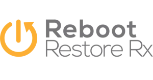 The image features the logo for Reboot Restore Rx Pro. It includes a circular arrow forming a power button symbol on the left in orange, followed by the text "Reboot Restore Rx" in grey, based on the Keygen design available at KhanPC.