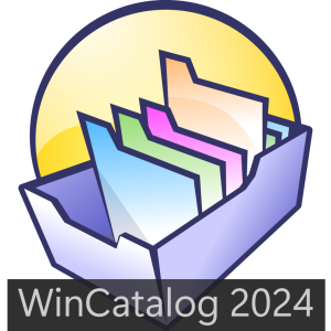 Colorful folders in a box against a yellow circle background, used as a logo for the software "WinCatalog 2024." Text "WinCatalog 2024" is displayed in the foreground, brought to you by KhanPC.