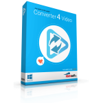 The image shows the packaging for Abelssoft Converter4Video software. The blue box features a white triangle with two circular arrows. A heart icon is at the bottom left, and a "Windows 10" logo is in the bottom right corner, emphasizing the compatibility of this app with Windows systems.