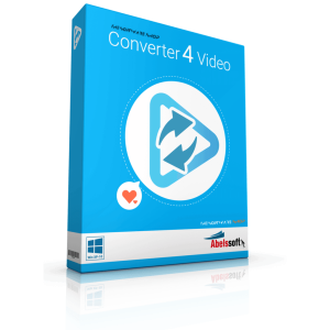 The image shows the packaging for Abelssoft Converter4Video software. The blue box features a white triangle with two circular arrows. A heart icon is at the bottom left, and a "Windows 10" logo is in the bottom right corner, emphasizing the compatibility of this app with Windows systems.