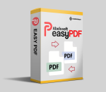 A software box for "Abelssoft Easy PDF" is displayed. The design features large "P" and "PDF" letters, with graphics of PDF icons and arrows indicating conversion. The background is white with yellow accents along the edges, highlighting this excellent PDF software.