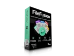 Image of a boxed software product named Abelssoft FileFusion by 2025. The front of the box displays icons representing different file types (MOV, PDF, JPG, DOC, PNG) and text about the software's features, including saving storage space by eliminating duplicate files.
