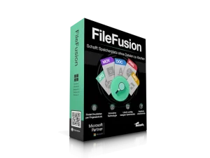 Image of a boxed software product named Abelssoft FileFusion by 2025. The front of the box displays icons representing different file types (MOV, PDF, JPG, DOC, PNG) and text about the software's features, including saving storage space by eliminating duplicate files.