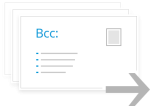 Illustration of multiple overlapping envelopes, with the front envelope labeled "Bcc:" in blue text. There are three bullet points under "Bcc:" and a small grey square in the top right corner. A large grey arrow points to the right, indicating auto draft for email forwarding or sending.
