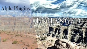 A split image shows the Grand Canyon. The left half appears natural, while the right half is enhanced with higher contrast and sharper details. The text "AlphaPlugins LAPLACIAN ENHANCED" is overlaid, with "LAPLACIAN" on the left side and "ENHANCED" on the right.