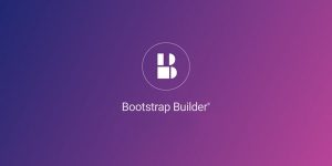 An image with a circular logo containing a stylized "B" in white, centered on a gradient background transitioning from dark blue on the left to pink on the right. Below the logo, the text "Responsive Bootstrap Builder by CoffeeCup®" is displayed in white.