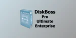 Image featuring the packaging for DiskBoss Data Management software. The box is displayed to the left with the text "DiskBoss Ultimate v15.0.12" to the right on a gradient background. The box includes a logo and details about the software.