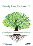 Cover of "Family Tree Explorer 10 Premium" showing a large tree with green leaves and visible roots, symbolizing family lineage. Below the tree, the text reads: "Genealogy for beginners and advanced." Logos for soft Xpansion and USM, the creators, are at the bottom.