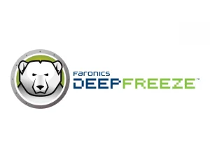 Logo of Faronics Deep Freeze Standard v8.71 featuring a white polar bear's head encircled by a metallic ring on the left. "Faronics" is written in blue text above "Deep Freeze," with "Deep" in bold blue letters and "Freeze" in bold green letters.