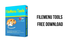 Image of software packaging for "FileMenu Tools" by LopeSoft, alongside text that reads "FILEMENU TOOLS FREE DOWNLOAD". The package features an illustration of a hand using a computer mouse on a blue background with yellow text, perfect for users looking to download and patch their tools efficiently.