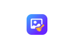 A square app icon with a gradient blue and purple background features a white image symbol with a mountain and sun. In the lower right corner of the icon, an orange hand holds a broom, suggesting an image cleaning or organizing application called FliFlik KleanOut Photo v6.2.0.
