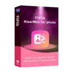 A product box for "FLiFlik KlearMax for photo v1.0.2.0" is displayed. The box features a gradient purple and pink design with an icon of a photo being enhanced. The text reads, "Improve the quality of photos with the best AI Photo Enhancer.