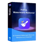 A software package box for "FliFlik Watermark Remover v6.0.0." The box features an icon of a hand holding a magic wand on a blue background. Text reads "AI Powered Watermark Remover, Remove Any Unwanted Mark," and includes the Windows and AppDoze logos at the bottom left.