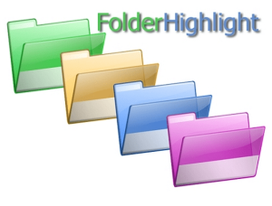 Four folders are displayed in sequence from left to right, colored green, yellow, blue, and purple. Above them, the text "FolderHighlight v3.0.35" is written, with "Folder" in green and "Highlight" in blue.