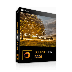 Image of a box for InPixio Eclipse HDR PRO software. The box displays a sunlit tree in a field with a stunning sunrise or sunset in the background. The product logo and name, "InPixio Eclipse HDR PRO," are prominently showcased on the bottom against a sleek black backdrop.