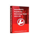 The image displays a red software box for "InnovMetric PolyWorks Metrology Suite 2023 IR5." A white wrench icon in a red circle is featured on the front, with text indicating the software name and the website "SoftwareSaleMart.com" at the bottom.