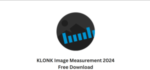 A black circle with a stylized mountain and blue bar chart inside it. Below the circle, there is text that says "KLONK Image Measurement v2024.1.16.0 Free Download.