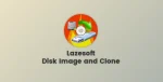 A graphic for Lazesoft Disk Image and Clone v4.7.2.1 features a circular icon with a computer disk, a green arrow, and a USB drive. Below the icon, the text reads "Lazesoft Disk Image and Clone." The background is a gradient of light grey, emphasizing its Professional & Server Edition capabilities.