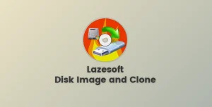A graphic for Lazesoft Disk Image and Clone v4.7.2.1 features a circular icon with a computer disk, a green arrow, and a USB drive. Below the icon, the text reads "Lazesoft Disk Image and Clone." The background is a gradient of light grey, emphasizing its Professional & Server Edition capabilities.