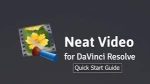 A graphic with a film strip featuring yellow flowers and a blue brush, accompanied by text that reads "Neat Video Pro for DaVinci Resolve Quick Start Guide" on a dark background.