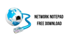 An image showing a globe connected to an Ethernet cable plug, symbolizing networking. To the right, in bold black text, it reads "Network Notepad Enterprise FREE DOWNLOAD." The background is white.