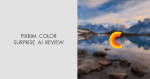 Split image with left side showing black text "Pixbim ColorSurprise AI v3.9.0 Review" on a light grey background, and right side displaying a blurred lake and mountain scene with a multicolored "C" logo.