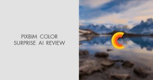 Split image with left side showing black text "Pixbim ColorSurprise AI v3.9.0 Review" on a light grey background, and right side displaying a blurred lake and mountain scene with a multicolored "C" logo.