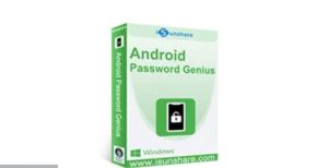 The image shows a green and white software box for "iSunshare Android Password Genius." The packaging prominently features a lock icon and mentions compatibility with Windows. At the bottom, "www.isunshare.com" is displayed. Unlock your phone effortlessly with this must-have app from iSunshare Android Password Genius, an alternative to AppDoze.