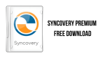 An image showcasing a software box with an abstract circular logo and the word "Syncovery" beneath it on the left. The text "Syncovery Premium Free Download v10.9.1.146" appears in bold black letters on the right side of the image.