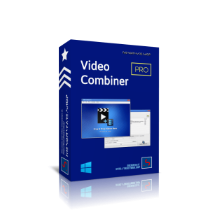 A blue software box with the text "Video Combiner Pro" on the front. The box features a screenshot of the appdoze interface and icons indicating compatibility with Windows. The Software Shop logo and a web address are also visible.