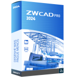 The image shows a product box for ZWCAD Professional 2024, designed by ZWSOFT. The box features a blue color scheme with architectural wireframe drawings. The text reads "DESENHE MAIS PAGUE MENOS," which translates to "Draw More, Pay Less.