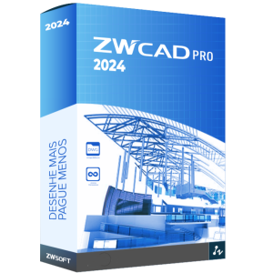 The image shows a product box for ZWCAD Professional 2024, designed by ZWSOFT. The box features a blue color scheme with architectural wireframe drawings. The text reads "DESENHE MAIS PAGUE MENOS," which translates to "Draw More, Pay Less.