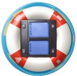 A circular pool float with red and white stripes surrounds a black mount holding two blue, rectangular buttons. The float appears to have a teal border, and the buttons are labeled with text and symbols, possibly for functions like KhanPC or Video Recovery.