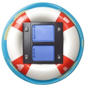 A circular pool float with red and white stripes surrounds a black mount holding two blue, rectangular buttons. The float appears to have a teal border, and the buttons are labeled with text and symbols, possibly for functions like KhanPC or Video Recovery.